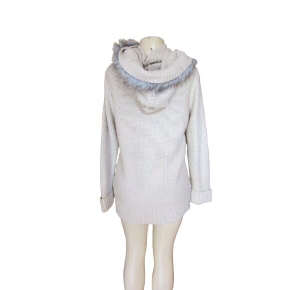 Y2K Michelle Nicole Beige Chunky Knit Full Zip Button Faux Fur Hooded Cardigan M - Picture 5 of 8